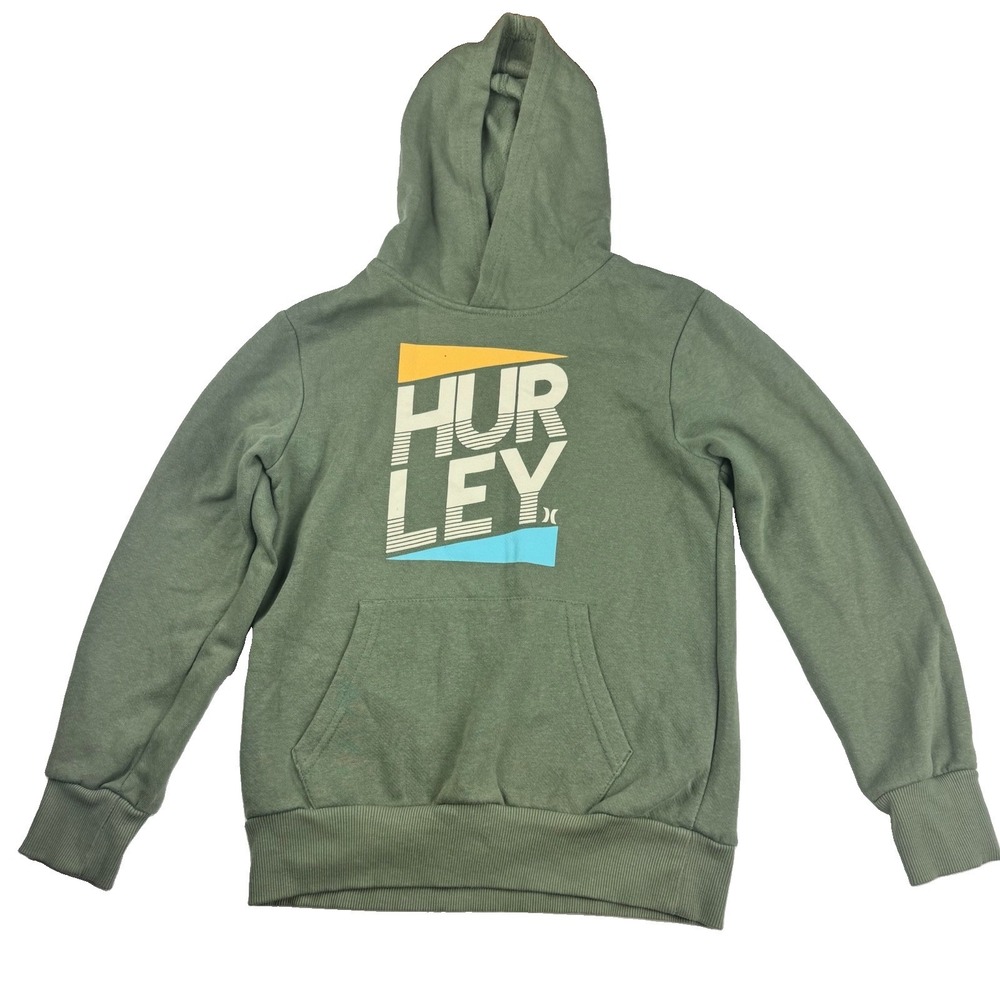 Hurley Boys M 10 12 Olive Green Retro Logo Graphic Fleece Pullover Hoodie